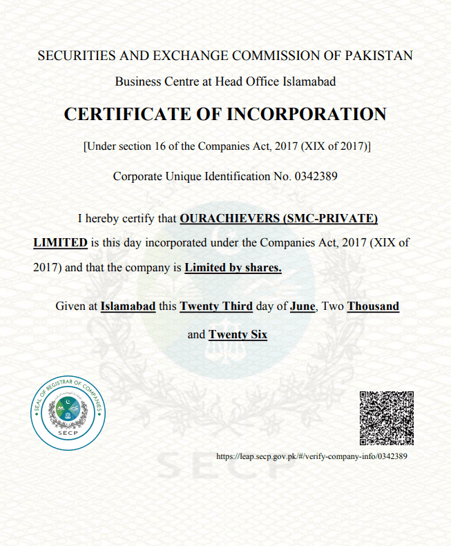 SECP Certificate of Incorporation – OurAchievers (SMC-Private) Limited