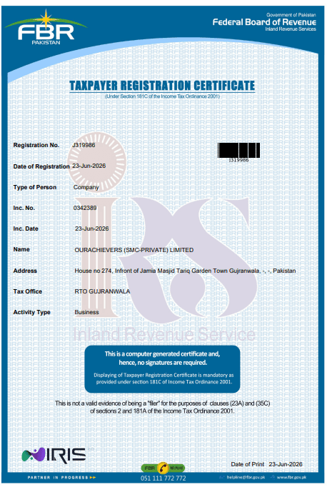 FBR Taxpayer Registration Certificate – OurAchievers (SMC-Private) Limited